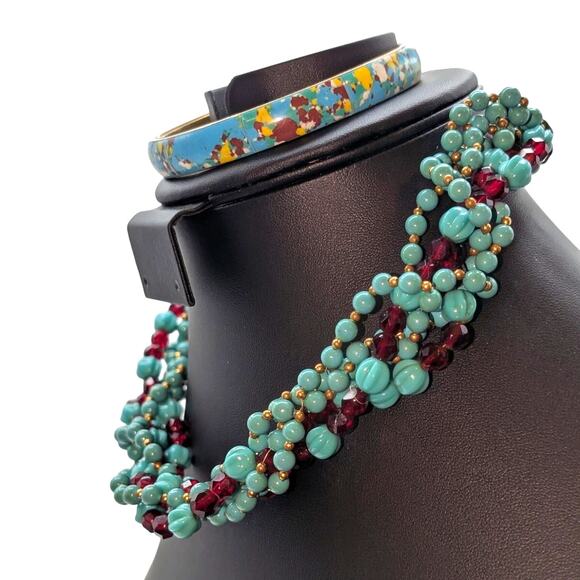 Vintage Faux Turquoise Carved & Red Crystal Torsade Hook Clasp Necklace - Picture 2 of 6